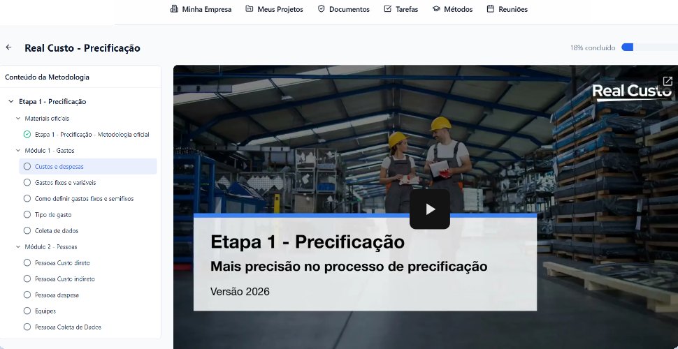 Portal do cliente Real Custo: conteúdo da metodologia por etapa, com vídeos e materiais de apoio
